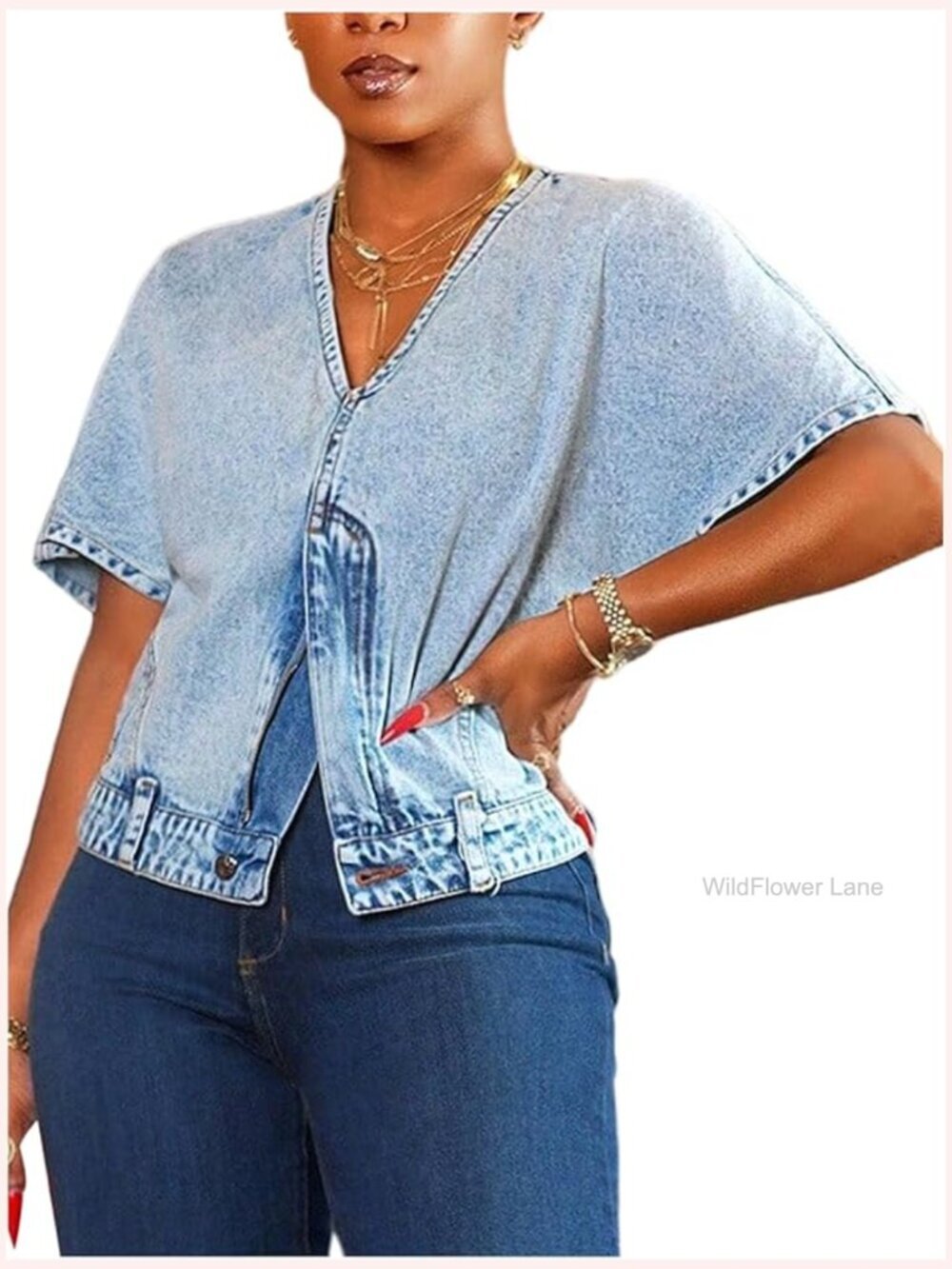 V Neck Short Sleeve Split Zipper Front Denim Jean Shirt Blouse